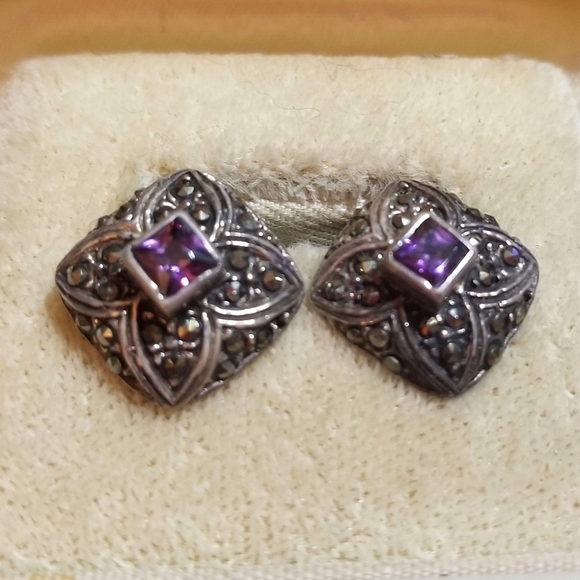 VTG Amethyst Marcasite Sterling Silver Domed Square Earrings - Picture 7 of 7